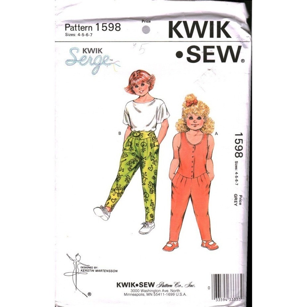 Kwik Sew 1598 Girls Jumpsuit and Pants Sewing Pattern Sizes 4-5-6-7 Vintage 1987